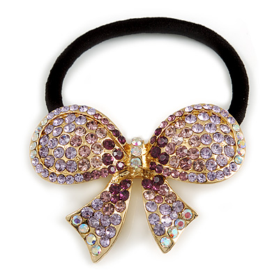 Medium Gold Plated AB/Lavender/Purple Crystal Bow Pony Tail Hair Elastic/Bobble