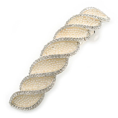 Bridal Wedding Prom Silver Tone Simulated Pearl Diamante 'Little Twist' Barrette Hair Clip Grip - 85mm Across