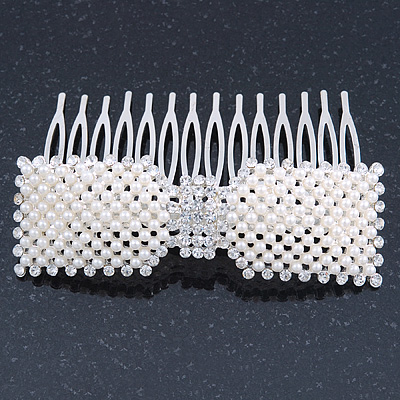 Bridal/ Wedding/ Prom/ Party Rhodium Plated Clear Crystal, Simulated Pearl 'Bow' Hair Comb - 90mm