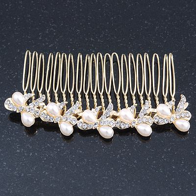 Bridal/ Wedding/ Prom/ Party Gold Plated Clear Austrian Crystal, Light Cream Simulated Pearl Bow Hair Comb - 90mm