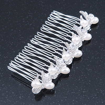 Bridal/ Wedding/ Prom/ Party Rhodium Plated Clear Austrian Crystal, Light Cream Simulated Pearl Bow Hair Comb - 90mm