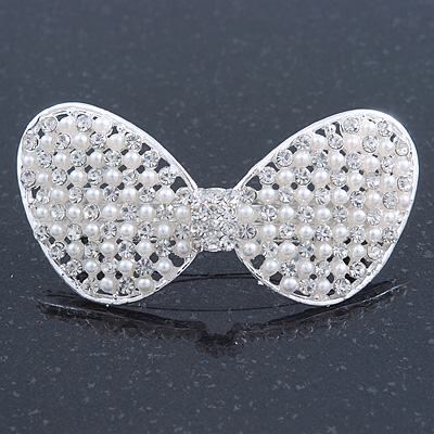 Bridal Wedding Prom Silver Tone Simulated Pearl Diamante 'Classic Bow' Barrette Hair Clip Grip - 65mm Across