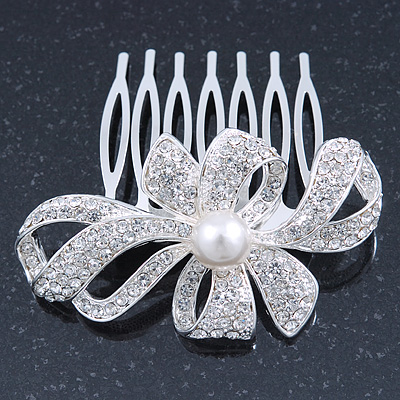 Bridal/ Wedding/ Prom/ Party Rhodium Plated Clear Austrian Crystal, Simulated Glass Pearl 'Bow' Hair Comb - 60mm
