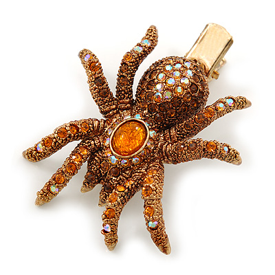 Amber/ Topaz Coloured Austrian Crystal Spider Hair Beak Clip/ Concord Clip In Antiique Gold Plating - 55mm L