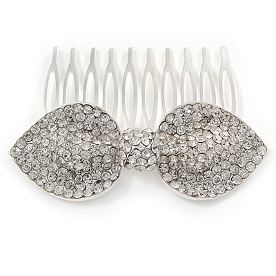 Bridal/ Wedding/ Prom/ Party Silver Tone Clear Austrian Crystal Bow Side Hair Comb - 65mm