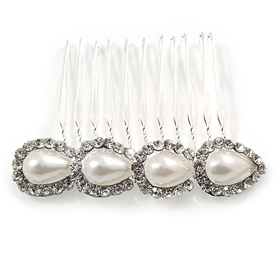 Medium Bridal/ Prom/ Wedding/ Party Rhodium Plated Faux Pearl, Clear Austrian Crystal Side Hair Comb - 60mm Width