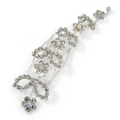 Bridal/ Wedding/ Prom/ Party Silver Tone Clear Austrian Crystal Floral Side Hair Comb - 95mm Across