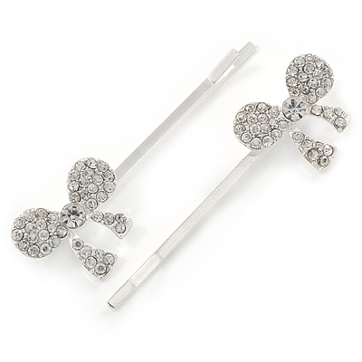 2 Bridal/ Prom Crystal Bow Hair Grips/ Slides In Rhodium Plating - 60mm Across