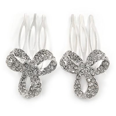 Set of 2 Small Clear Austrian Crystal Bow Side Hair Comb In Rhodium Plating - 25mm Each