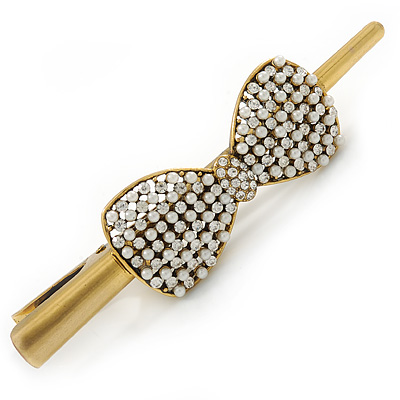 Vintage Inspired Gold Tone Clear Crystal, Glass Pearl Bow Hair Beak Clip/ Concord Clip - 11.5cm Length