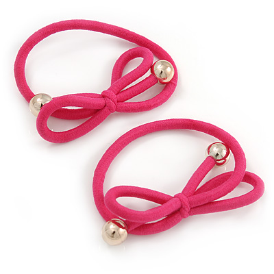 Two Piece Pink Bow with Gold Tone Bead Design Hair Elastic Set/ Ideal For School
