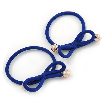 Two Piece Violet Blue Bow with Gold Tone Bead Design Hair Elastic Set/ Ideal For School