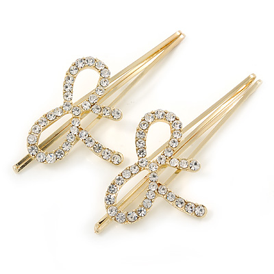 2 Bridal/ Prom Clear Crystal Bow Hair Grips/ Slides In Gold Plating - 70mm Across