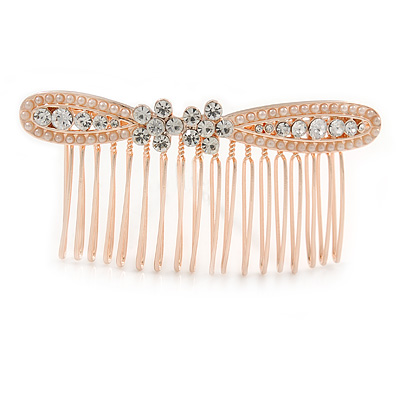 Bridal/ Wedding/ Prom/ Party Rose Gold Tone Clear Austrian Crystal Bow Side Hair Comb - 80mm
