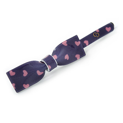 1Pcs Purple with Pink Hearts Acrylic Bow Hair Grip/ Slide In Black Tone Metal - 65mm Across