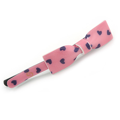 1Pcs Pink with Purple Hearts Acrylic Bow Hair Grip/ Slide In Black Tone Metal - 65mm Across