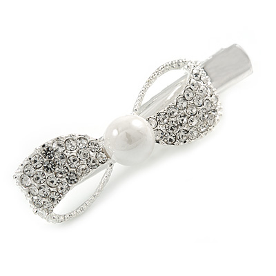 Clear Crystal Bow Hair Beak Clip/ Concord Clip/ Clamp Clip In Silver Tone - 55mm L
