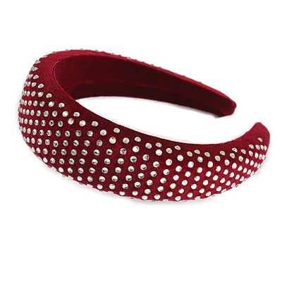 Retro Thicken Padded Velvet Diamante Wide Chunky Hair Band/ HeadBand/ Alice Band in Burgundy