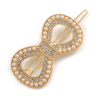 Gold Tone Clear Crystal Cream Faux Pearl Bow Hair Slide/ Grip - 60mm Across