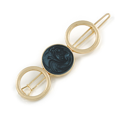 Gold Tone Triple Circle Dark Grey Enamel Hair Slide/ Grip - 70mm Across