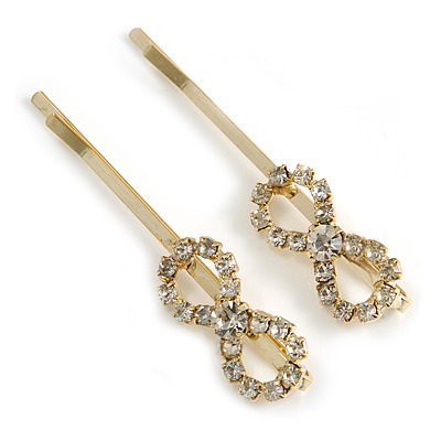 Pair Of Clear Crystal Infinity Motif Hair Slides In Gold Tone Metal - 55mm L
