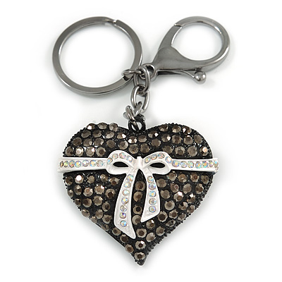 Hematite Crystal with White Enamel Bow Puffed Heart Keyring/ Bag Charm In Black Tone Metal - 10cm L