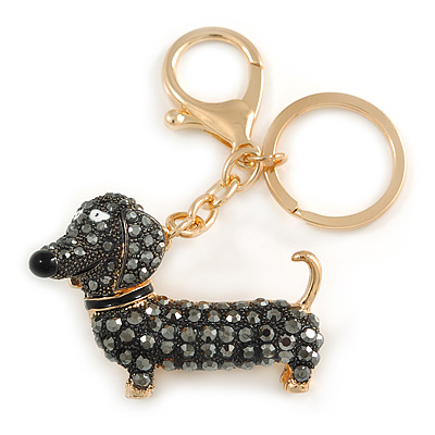 Hematite Crystal Badger-Dog Keyring/ Bag Charm In Gold Tone Metal - 7cm L