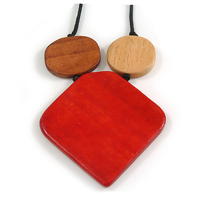 Bold Geometric Red & Natural Wood Pendant Necklace on Adjustable Black Cotton Cord (110cm Max Length)