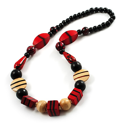 Chunky Geometric Wooden Bead Necklace (Black, Cream And Red) - 74cm L