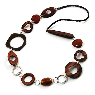 Wood & Silver Tone Metal Link Leather Style Long Necklace (Dark Brown & Black) -76cm L