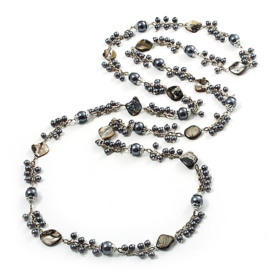 Ash Grey Shell & Imitation Pearl Bead Long Necklace - 140cm Length