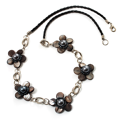 Delicate Dark Grey Shell Floral Leather Cord Necklace - 62cm Length