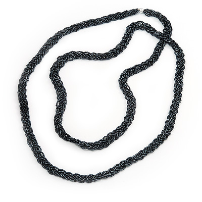 Long Peacock Black Glass Bead Necklace - 145cm Length