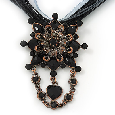 Black/Grey Statement Diamante Charm Pendant Cord Necklace In Bronze Metal - 38cm Length/ 7cm Extension
