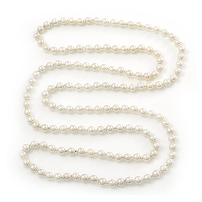 Long White Glass Bead Necklace - 140cm Length/ 8mm - avalaya.com