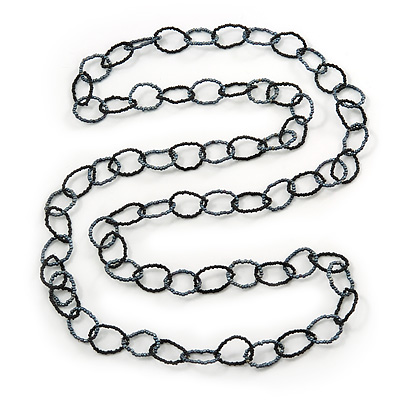 Long Black/ Metallic Grey Glass Bead Oval Link Necklace - 140cm Length