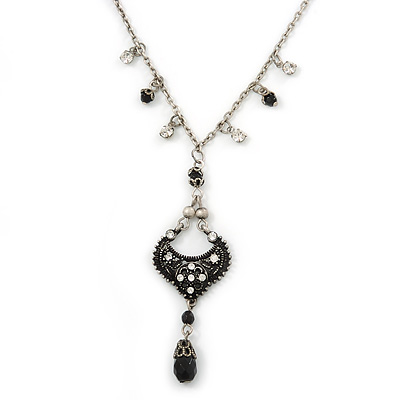 Marcasite Crystal, Beaded Pendant With 42cm L/ 6cm Ext Pewter Tone Chain