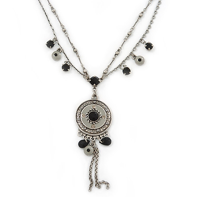 Vintage Inspired Charm, Bead Medallion With 38cm L/ 7cm Ext Double Chains In Pewter Tone