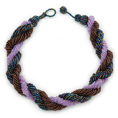 Pink, Cappuccino, Peacock Glass Bead Rope Style Choker Necklace - 36cm L