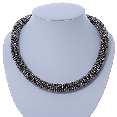 Statement Chunky Dim Grey Beaded Stretch Choker Necklace - 44cm L