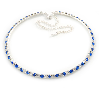 Thin Sapphire Blue/ Clear Austrian Crystal Choker Necklace In Rhodium Plated Metal - 33cm L/ 16cm Ext