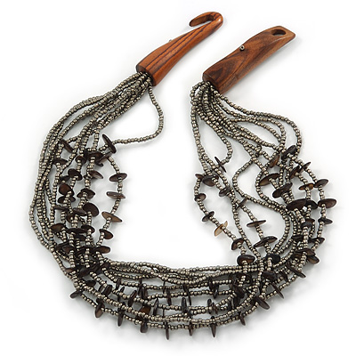 Ethnic Multistrand Metallic Grey, Black Glass Necklace With Wood Hook Closure - 50cm L