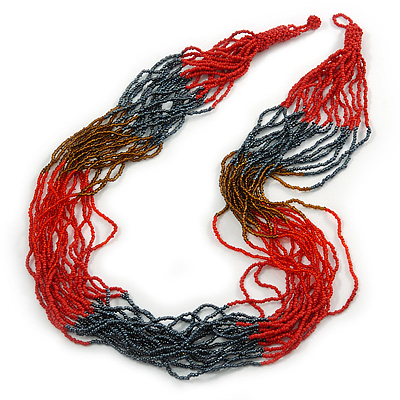 Long Multistrand Red/ Hematite/ Brown Glass Bead Necklace - 77cm L