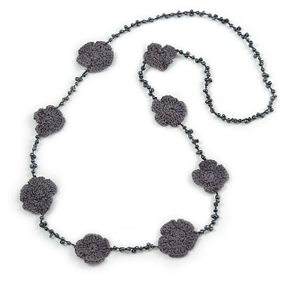Long Grey Floral Crochet, Glass Bead Necklace - 104cm Length