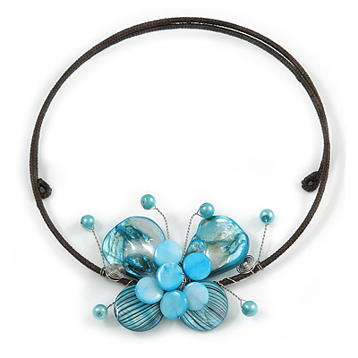 Light Blue Sea Shell Butterfly Pendant with Flex Wire Choker Necklace - Adjustable
