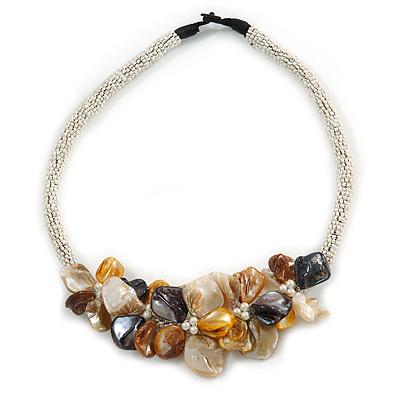 Stunning White Glass Bead with Shell Floral Motif Necklace (Brown, Yellow, Grey) - 48cm Long