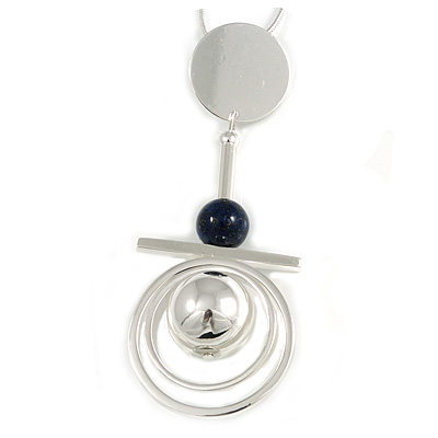 Large Geometric Pendand with Long Chain In Silver Tone Metal - 110cm L/ 7cm Ext
