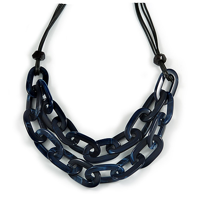 Trendy Dark Blue with Marble Effect Acrylic Large Oval Link Black Cord Necklace - 60cm L/ 5cm Ext