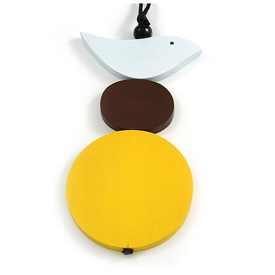 Yellow/ Brown/ White Wood Bird and Bead Pendant with Black Cotton Cord - Adjustable - 84cm Long/ 11cm Pendant