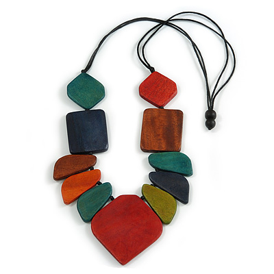Geometric Wood Bead Black Cotton Cord Necklace in Multi - 80cm Long - Adjustable